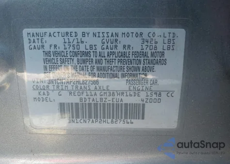 2017 Nissan Versa 1.6 Sv из США, поврежденный, VIN 3N1CN7AP2HL827566